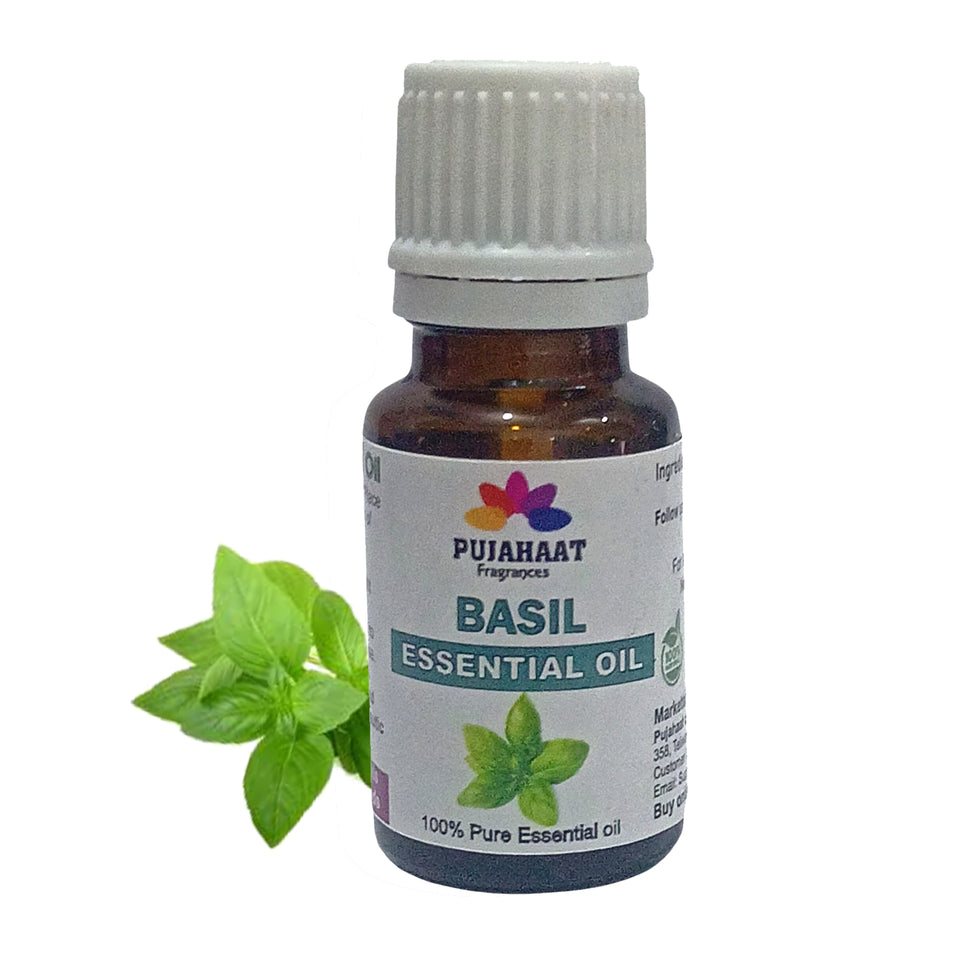 Pujahaat Basil (Tulsi) Essential Oil Pure, Natural & Undiluted Therapeutic Grade For Cough, Colds, Clear Breathing, Pain, Mosquito Repellent, Aromatherapy, Relaxation - Vegan & Cruelty free - 15 ml