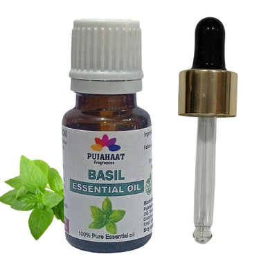 Pujahaat Basil (Tulsi) Essential Oil Pure, Natural & Undiluted Therapeutic Grade For Cough, Colds, Clear Breathing, Pain, Mosquito Repellent, Aromatherapy, Relaxation - Vegan & Cruelty free - 15 ml