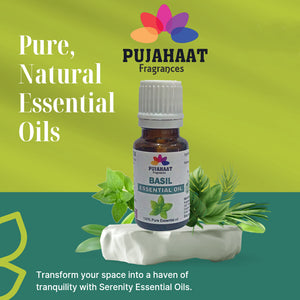 Pujahaat Basil (Tulsi) Essential Oil Pure, Natural & Undiluted Therapeutic Grade For Cough, Colds, Clear Breathing, Pain, Mosquito Repellent, Aromatherapy, Relaxation - Vegan & Cruelty free - 15 ml