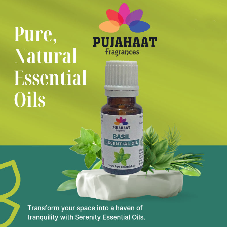 Pujahaat Basil (Tulsi) Essential Oil Pure, Natural & Undiluted Therapeutic Grade For Cough, Colds, Clear Breathing, Pain, Mosquito Repellent, Aromatherapy, Relaxation - Vegan & Cruelty free - 15 ml