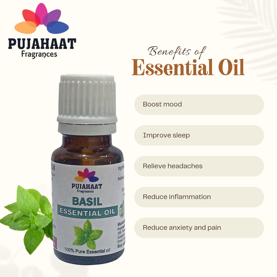 Pujahaat Basil (Tulsi) Essential Oil Pure, Natural & Undiluted Therapeutic Grade For Cough, Colds, Clear Breathing, Pain, Mosquito Repellent, Aromatherapy, Relaxation - Vegan & Cruelty free - 15 ml