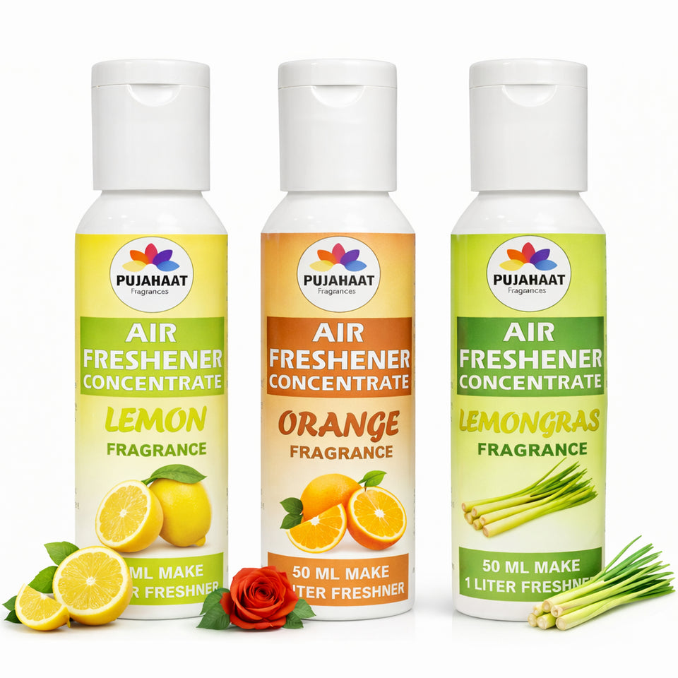 Lemon, Orange, Lemon Grass Air Freshener Concentrate Set of 3 (50ml Each) Makes 1 Liter Each | Long Lasting Room Freshener Liquid | Fragrance Combo for Home, Office, Car | Alcohol-Free Premium Fragrance by Pujahaat