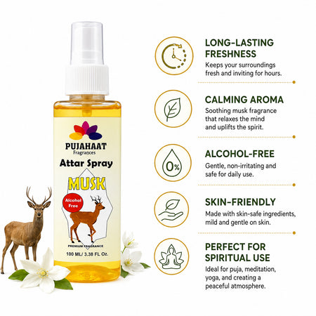 Kasturi | Musk Attar Spray by Pujahaat | 100ml Non Alcoholic Spray | Religious Mist | Air Freshener, Room Mist, Fabric & Linen Spray | Perfect for Prayers Rooms, Living Room, sofas, curtains, car