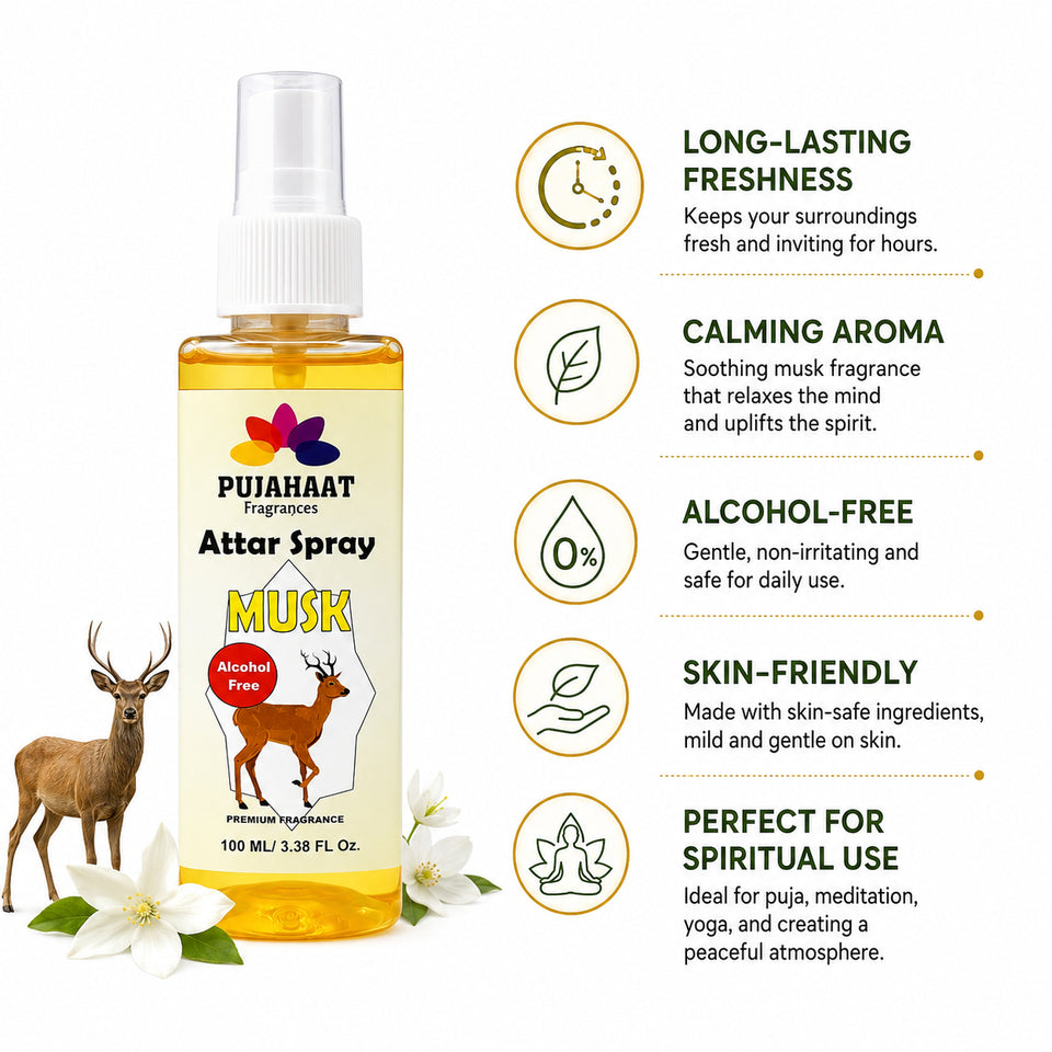 Kasturi | Musk Attar Spray by Pujahaat | 100ml Non Alcoholic Spray | Religious Mist | Air Freshener, Room Mist, Fabric & Linen Spray | Perfect for Prayers Rooms, Living Room, sofas, curtains, car