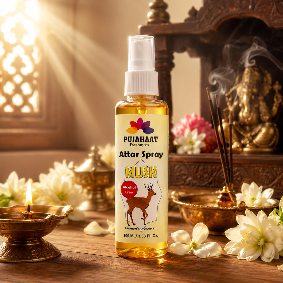 Kasturi | Musk Attar Spray by Pujahaat | 100ml Non Alcoholic Spray | Religious Mist | Air Freshener, Room Mist, Fabric & Linen Spray | Perfect for Prayers Rooms, Living Room, sofas, curtains, car