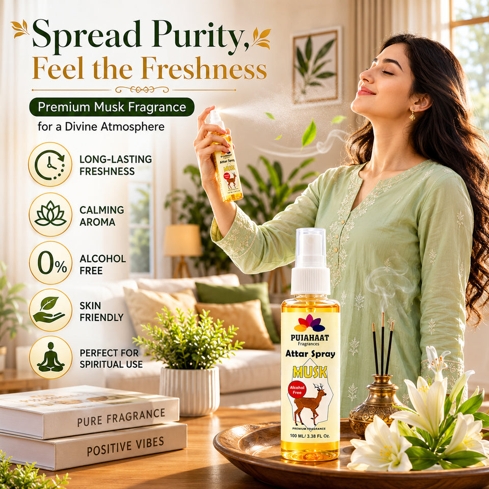 Kasturi | Musk Attar Spray by Pujahaat | 100ml Non Alcoholic Spray | Religious Mist | Air Freshener, Room Mist, Fabric & Linen Spray | Perfect for Prayers Rooms, Living Room, sofas, curtains, car