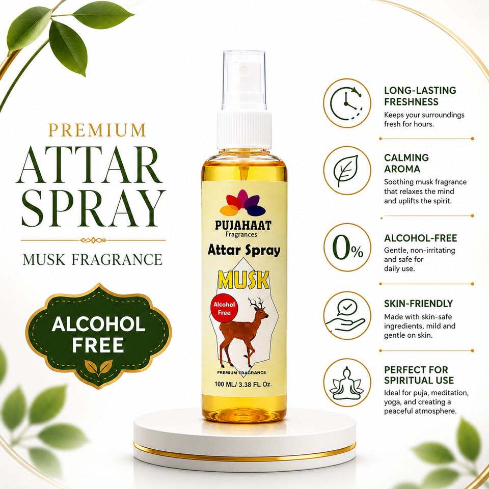 Kasturi | Musk Attar Spray by Pujahaat | 100ml Non Alcoholic Spray | Religious Mist | Air Freshener, Room Mist, Fabric & Linen Spray | Perfect for Prayers Rooms, Living Room, sofas, curtains, car