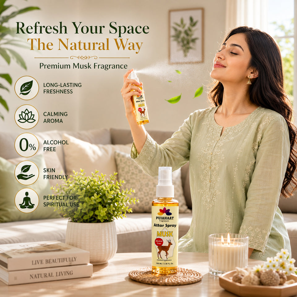 Kasturi | Musk Attar Spray by Pujahaat | 100ml Non Alcoholic Spray | Religious Mist | Air Freshener, Room Mist, Fabric & Linen Spray | Perfect for Prayers Rooms, Living Room, sofas, curtains, car