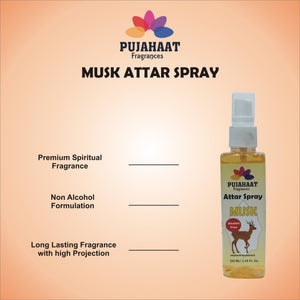 Kasturi | Musk Attar Spray by Pujahaat | 100ml Non Alcoholic Spray | Religious Mist | Air Freshener, Room Mist, Fabric & Linen Spray | Perfect for Prayers Rooms, Living Room, sofas, curtains, car