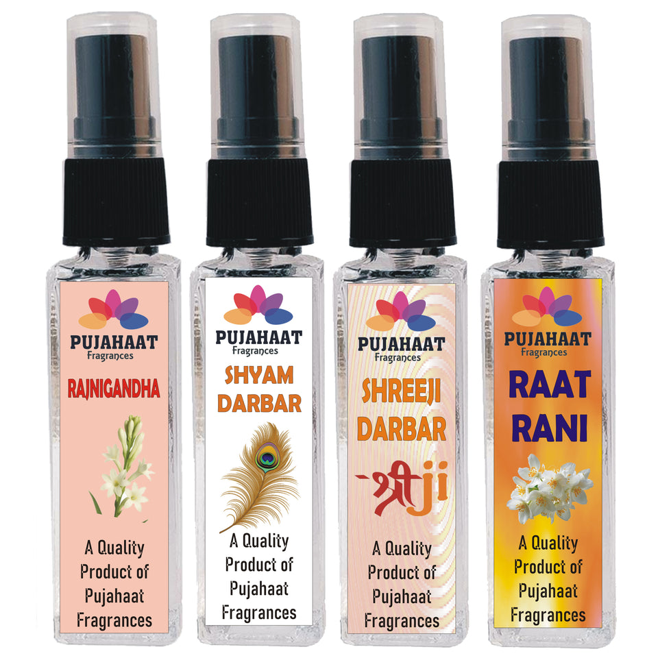 Pujahaat Shreeji Darbar, Shyam Darbar, Raatrani, Rajnigandha Set of 4 Perfume Attar Spray 8ml | itra/ittar Perfume | For Pooja/Personal Use