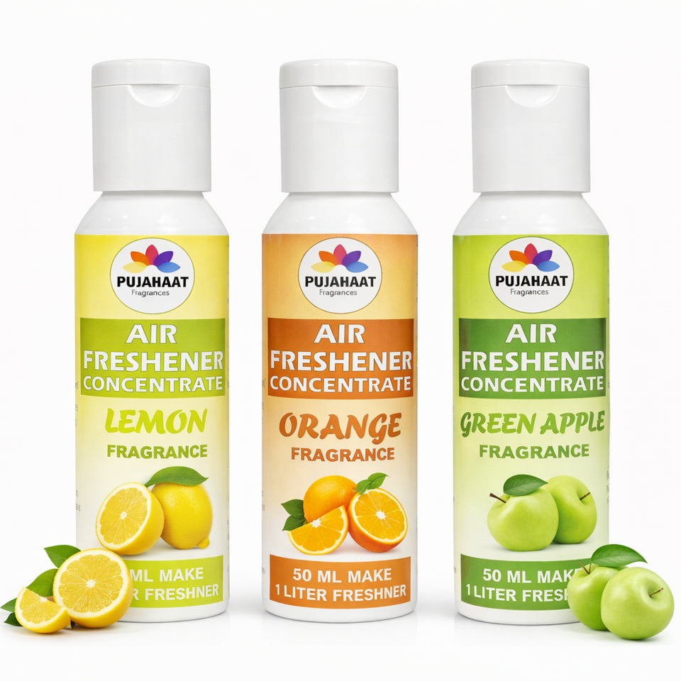 Lemon, Orange, Green Apple Air Freshener Concentrate Set of 3 (50ml Each) Makes 1 Liter Each | Long Lasting Room Freshener Liquid | Fragrance Combo for Home, Office, Car | Alcohol-Free Premium Fragrance by Pujahaat