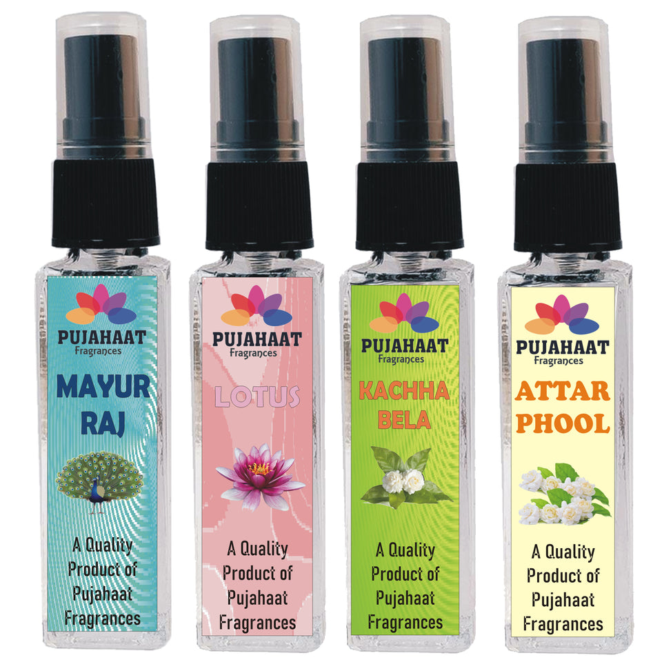 Pujahaat Mayur Raj, Lotus, Kachha Bela, Attar Phool Set of 4 Perfume Attar Spray 8ml | itra/ittar Perfume | For Pooja/Personal Use