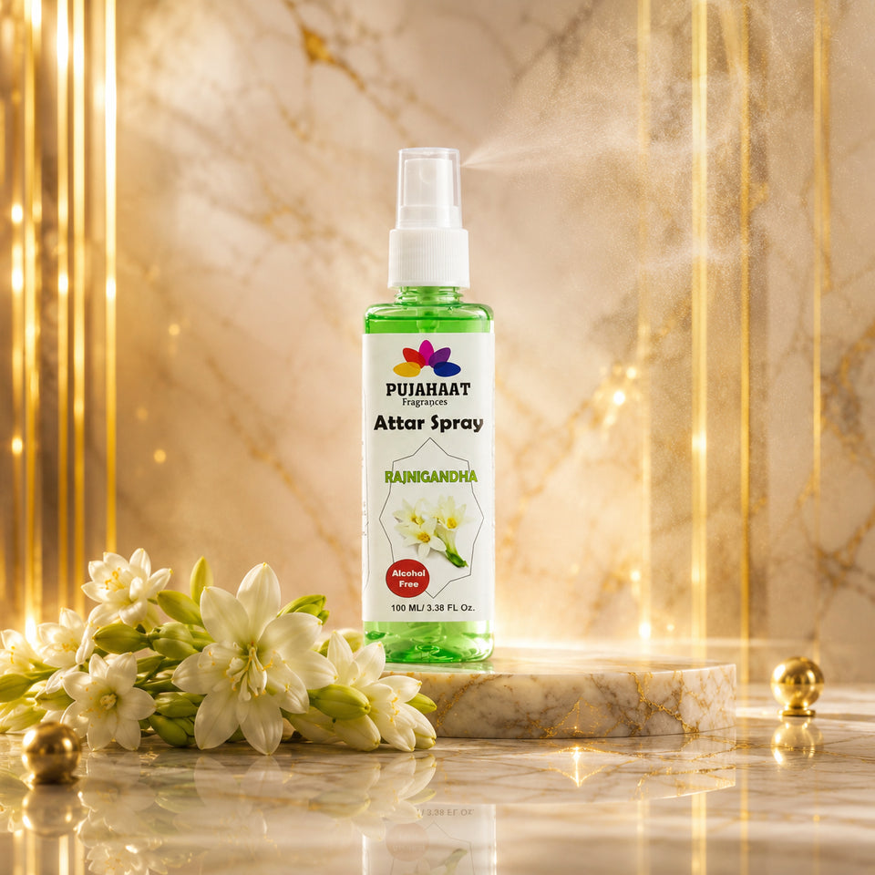 Rajnigandha Attar Spray by Pujahaat | 100ml Non Alcoholic Spray | Religious Mist | Air Freshener, Room Mist, Fabric & Linen Spray | Perfect for Prayers Rooms, Living Room, sofas, curtains, car