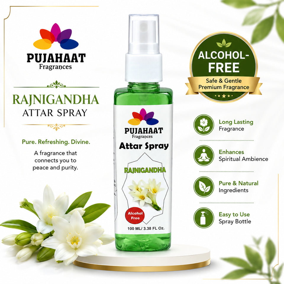 Rajnigandha Attar Spray by Pujahaat | 100ml Non Alcoholic Spray | Religious Mist | Air Freshener, Room Mist, Fabric & Linen Spray | Perfect for Prayers Rooms, Living Room, sofas, curtains, car