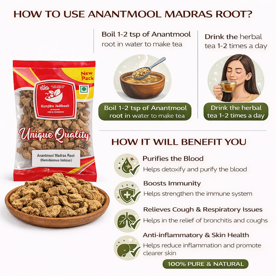 Kunjika Jadibooti Anantmool / Anantmul / Kapuri / Sariva / Sugandhipala / Upalsari / Uparsal / Nannari / Sogade Beru | Jadi Booti Whole - 100 gm