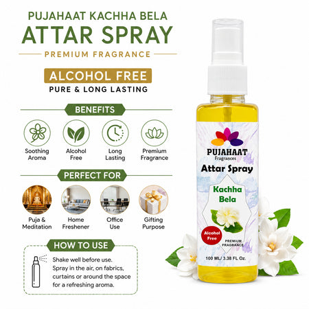 Kachha Bela Attar Spray by Pujahaat | 100ml Non Alcoholic Spray | Religious Mist | Air Freshener, Room Mist, Fabric & Linen Spray | Perfect for Prayers Rooms, Living Room, sofas, curtains, car