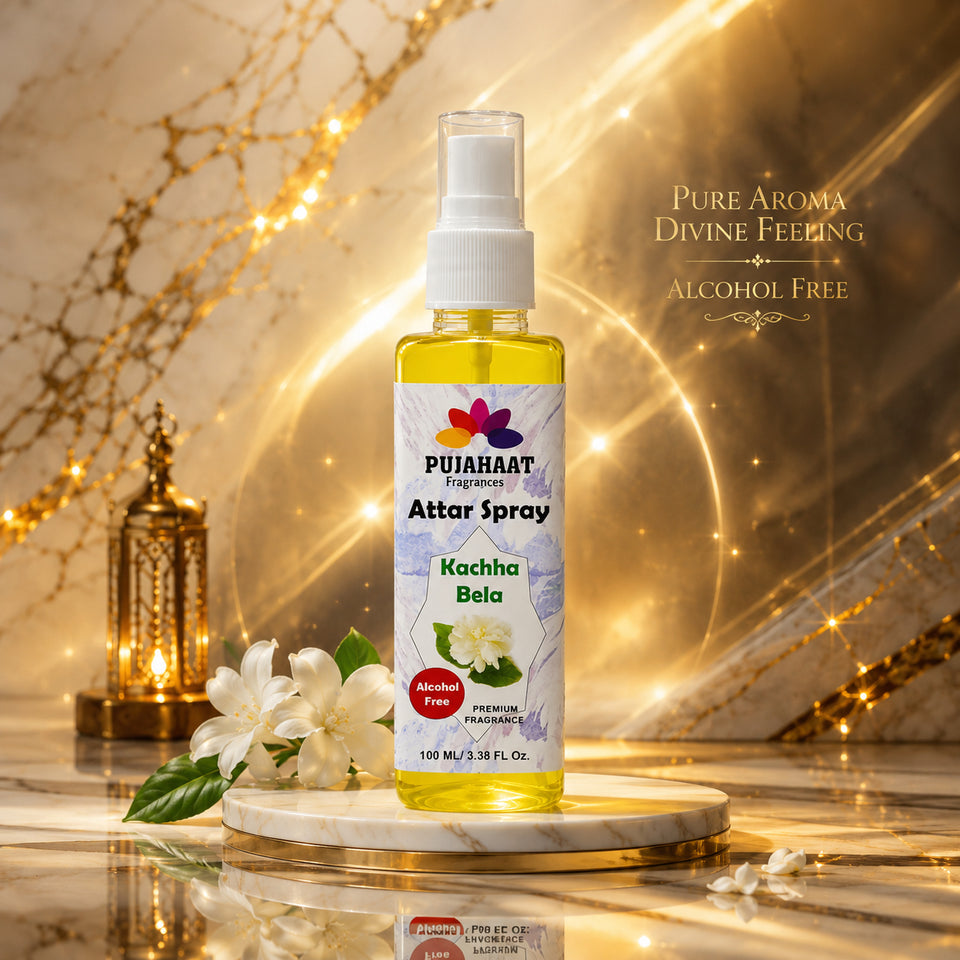Kachha Bela Attar Spray by Pujahaat | 100ml Non Alcoholic Spray | Religious Mist | Air Freshener, Room Mist, Fabric & Linen Spray | Perfect for Prayers Rooms, Living Room, sofas, curtains, car
