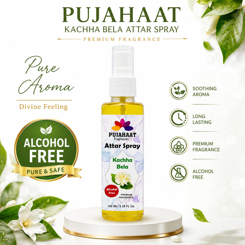 Kachha Bela Attar Spray by Pujahaat | 100ml Non Alcoholic Spray | Religious Mist | Air Freshener, Room Mist, Fabric & Linen Spray | Perfect for Prayers Rooms, Living Room, sofas, curtains, car