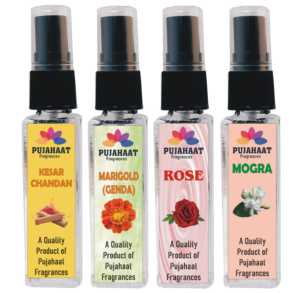 Pujahaat Kesar Chandan, Marigold, Rose, Mogra Set of 4 Perfume Attar Spray 8ml | itra/ittar Perfume | For Pooja/Personal Use