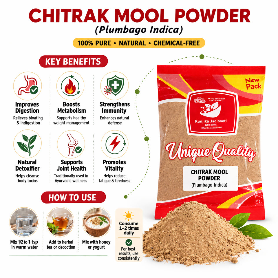 Kunjika Jadibooti Chitrak Mool Powder - Chitrak Jadd - Chita Jadd - Plumbago Indica - Plumbago zeylanica Powder- 100 gm