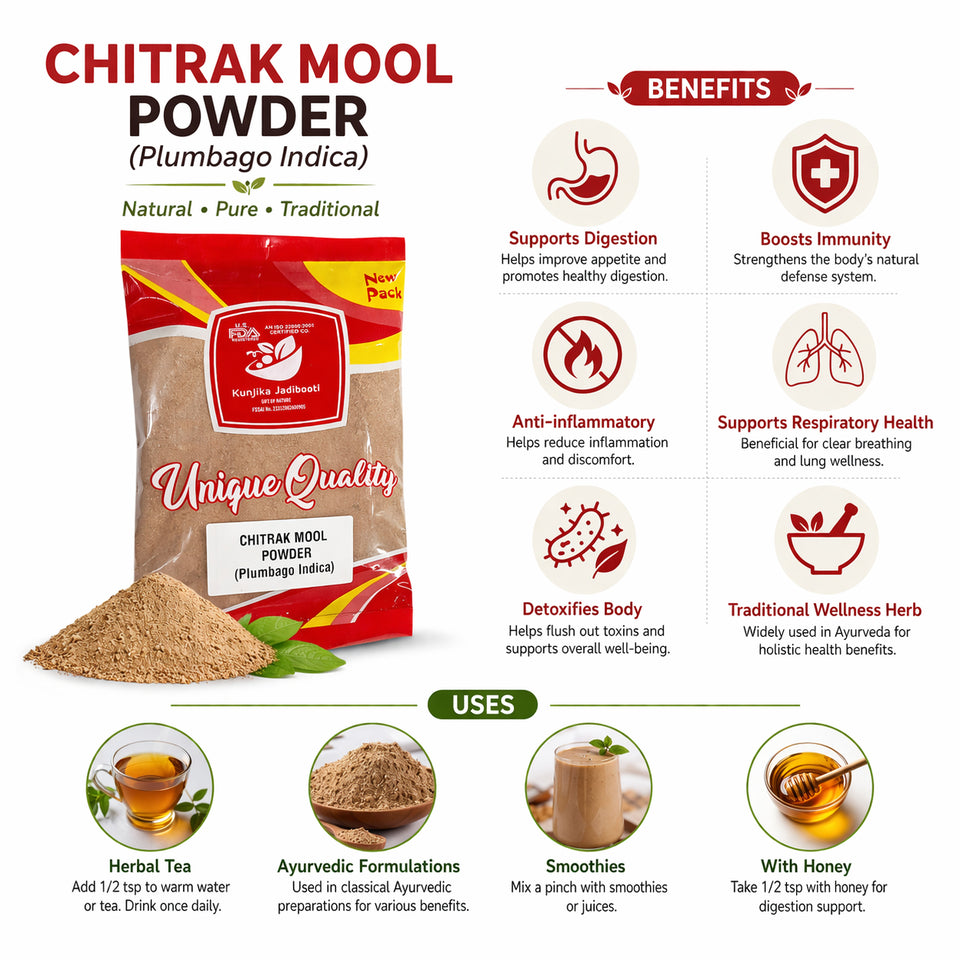 Kunjika Jadibooti Chitrak Mool Powder - Chitrak Jadd - Chita Jadd - Plumbago Indica - Plumbago zeylanica Powder- 100 gm