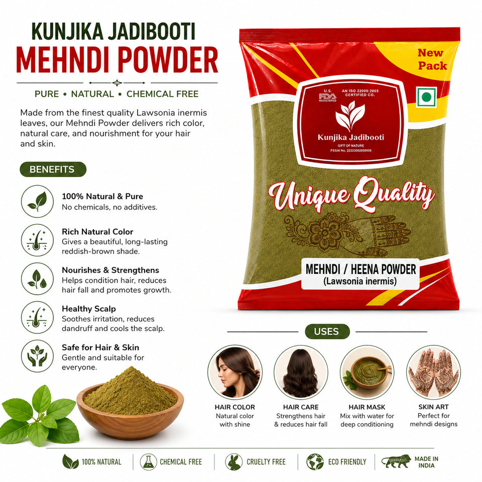 Kunjika Jadibooti Mehandi Leaves Powder | Henna Mehandi Leaves | Whole Natural Pure Henna Leaves Powder - 100 gm