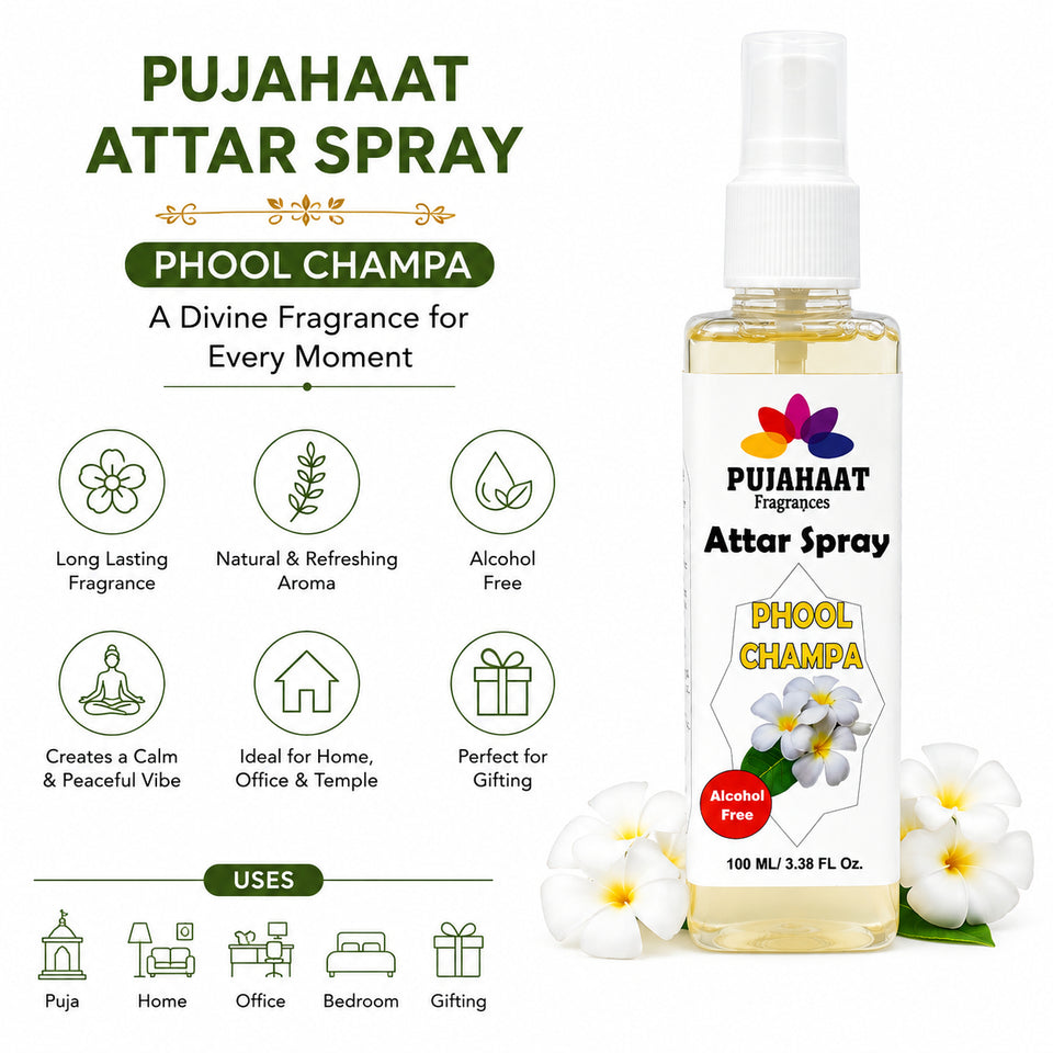 Champa Phool Attar Spray by Pujahaat | 100ml Non Alcoholic Spray | Religious Mist | Air Freshener, Room Mist, Fabric & Linen Spray | Perfect for Prayers Rooms, Living Room, sofas, curtains, car