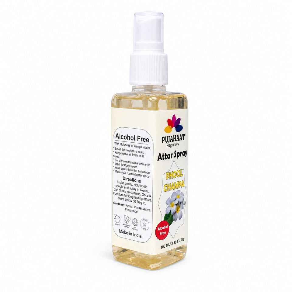 Champa Phool Attar Spray by Pujahaat | 100ml Non Alcoholic Spray | Religious Mist | Air Freshener, Room Mist, Fabric & Linen Spray | Perfect for Prayers Rooms, Living Room, sofas, curtains, car