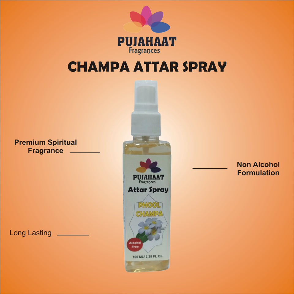 Champa Phool Attar Spray by Pujahaat | 100ml Non Alcoholic Spray | Religious Mist | Air Freshener, Room Mist, Fabric & Linen Spray | Perfect for Prayers Rooms, Living Room, sofas, curtains, car