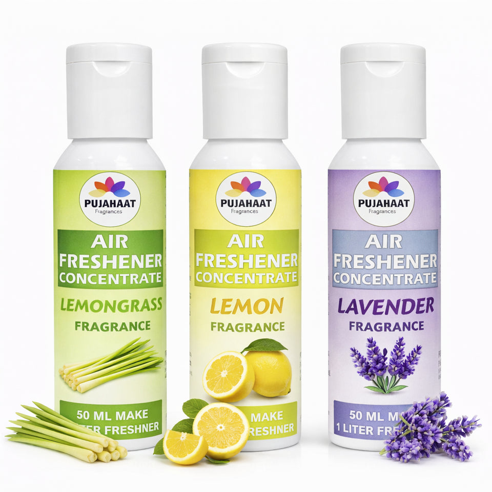 Lemon, Lavender, Lemon Grass Air Freshener Concentrate Set of 3 (50ml Each) Makes 1 Liter Each | Long Lasting Room Freshener Liquid | Fragrance Combo for Home, Office, Car | Alcohol-Free Premium Fragrance by Pujahaat