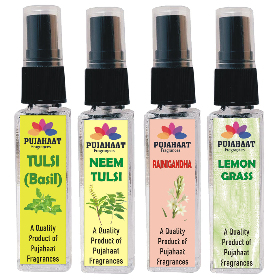Pujahaat Tulsi, Lemongrass, Neem Tulsi, Rajnigandha Set of 4 Perfume Attar Spray 8ml | itra/ittar Perfume | For Pooja/Personal Use
