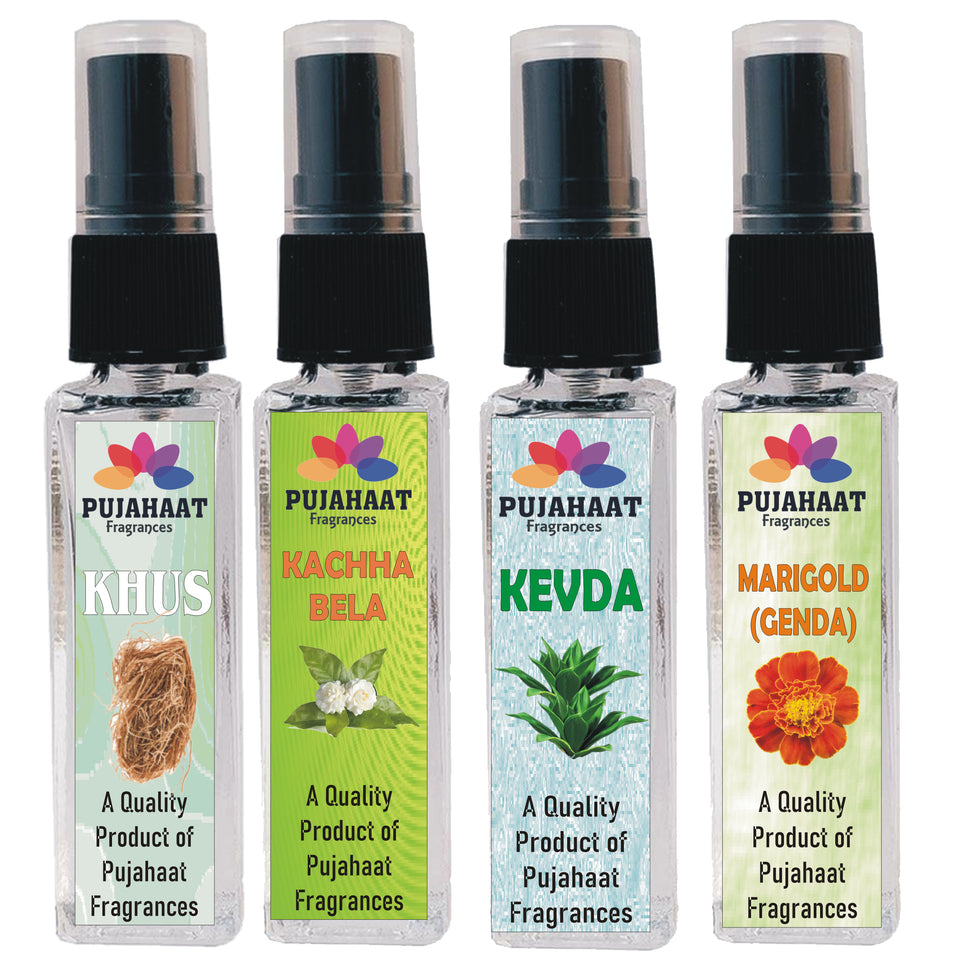Pujahaat Khus, Kevda, Kachha Bela, Marigold Set of 4 Perfume Attar Spray 8ml | itra/ittar Perfume | For Pooja/Personal Use