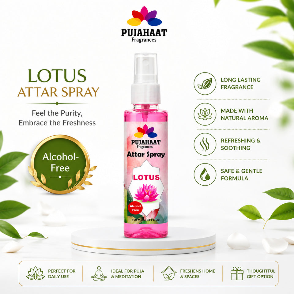 Lotus | Kamal Attar Spray by Pujahaat | 100ml Non Alcoholic Spray | Religious Mist | Air Freshener, Room Mist, Fabric & Linen Spray | Perfect for Prayers Rooms, Living Room, sofas, curtains, car
