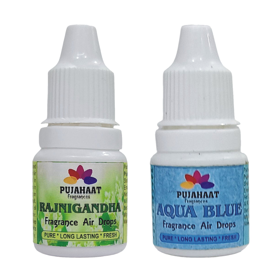 Pujahaat Premium Rajnigandha, Aqua Blue Fragrance Air drops Air freshener for room, bathroom, toilet, car, wardrobes -Pack of 2 (2 x 5ml)