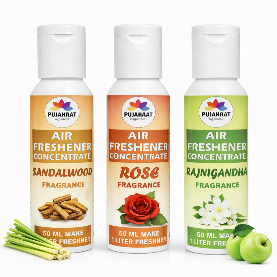 Sandalwood, Rose, Rajnigandha Air Freshener Concentrate Set of 3 (50ml Each) Makes 1 Liter Each | Long Lasting Room Freshener Liquid | Fragrance Combo for Home, Office, Car | Alcohol-Free Premium Fragrance by Pujahaat