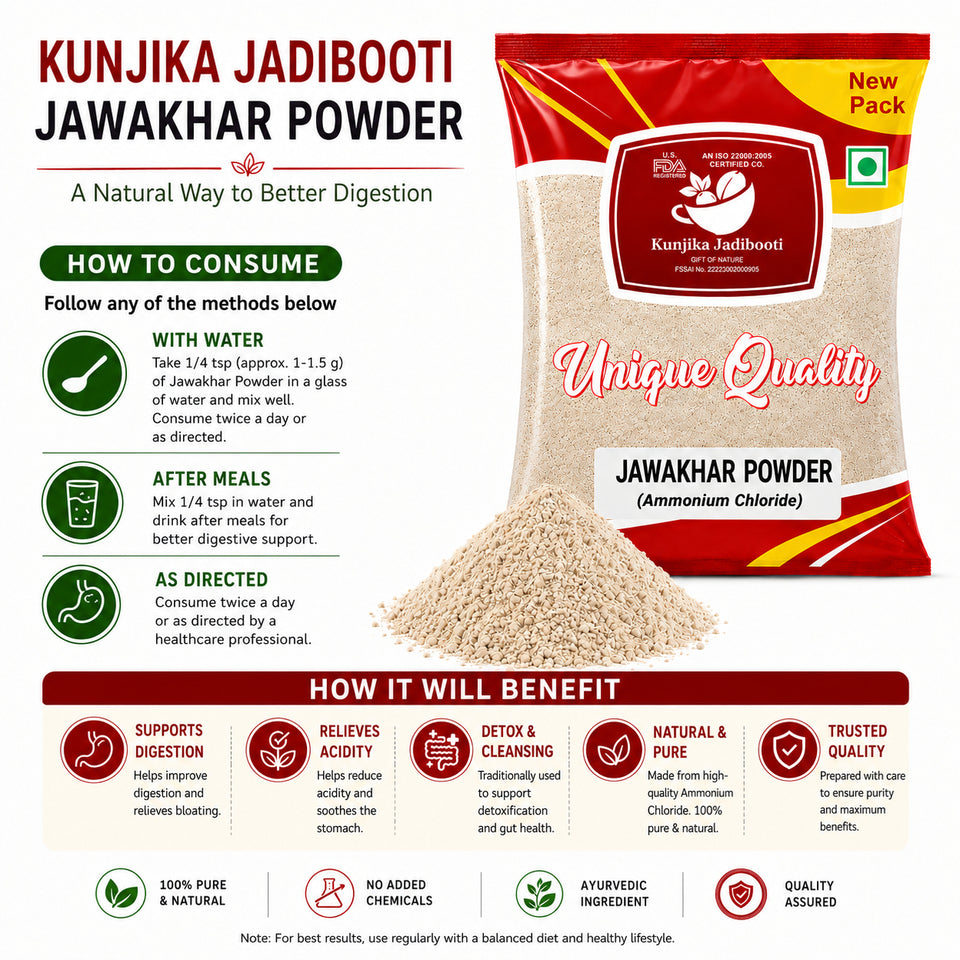 Kunjika Jadibooti Jawakhar Powder - Pearl Ash - Vinarghya - Marduppu - Jhadache Meeth - Yavakshar - Jawa Khar - Jawakhar asli - Java Khar Powder - 100 gm