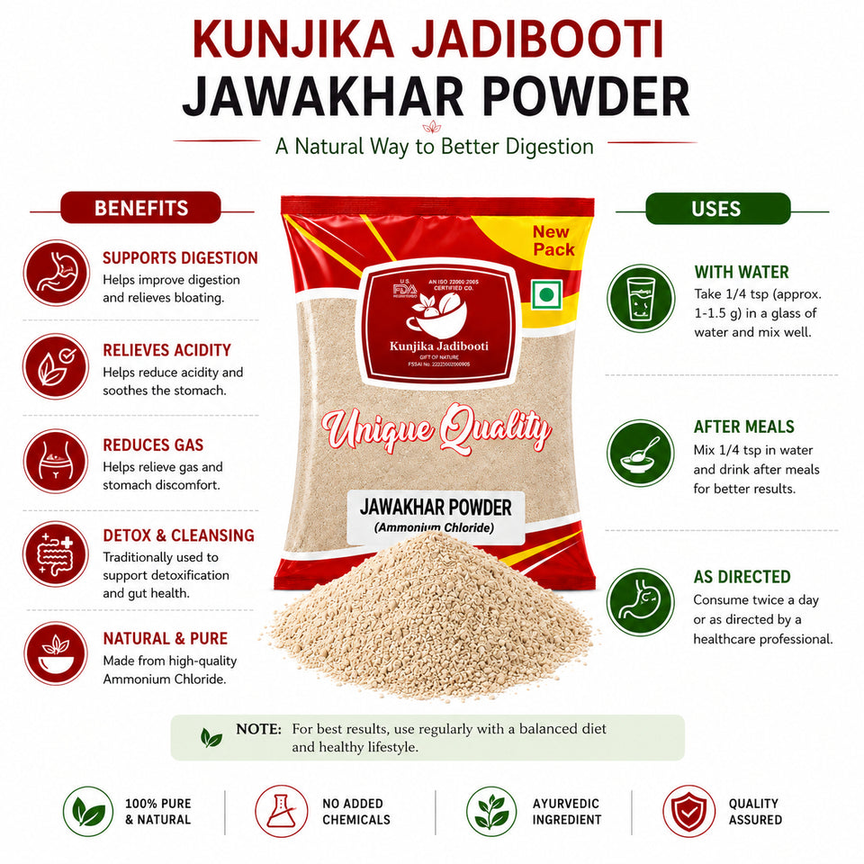 Kunjika Jadibooti Jawakhar Powder - Pearl Ash - Vinarghya - Marduppu - Jhadache Meeth - Yavakshar - Jawa Khar - Jawakhar asli - Java Khar Powder - 100 gm