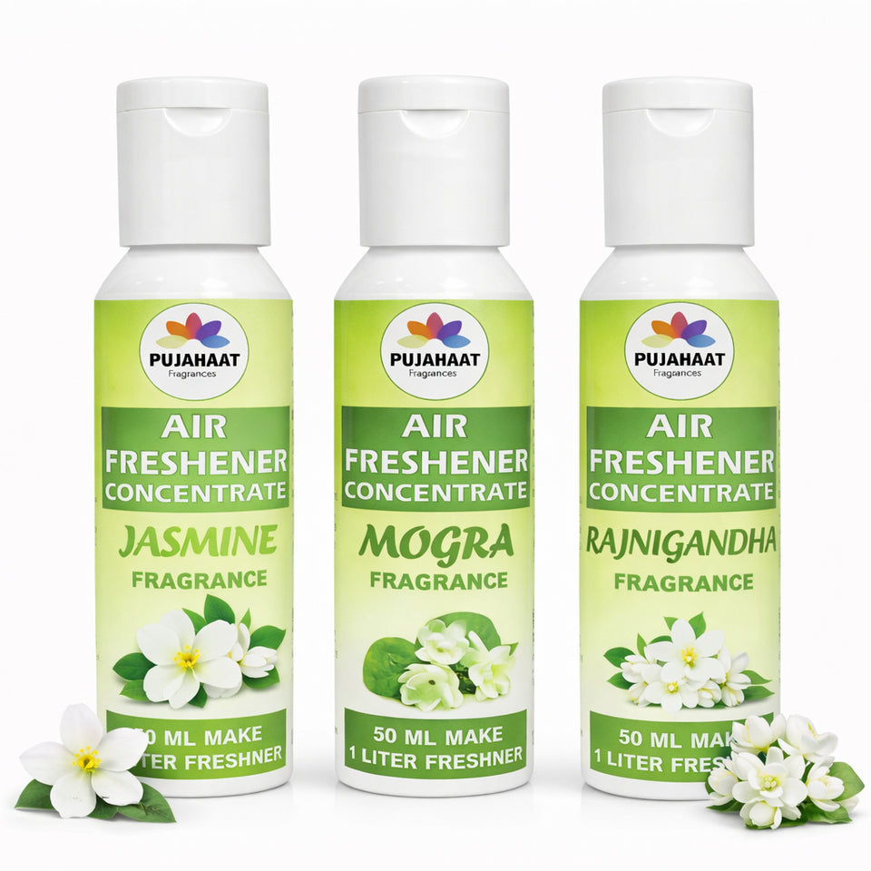 Jasmine, Mogra, Rajnigandha Air Freshener Concentrate Set of 3 (50ml Each) Makes 1 Liter Each | Long Lasting Room Freshener Liquid | Fragrance Combo for Home, Office, Car | Alcohol-Free Premium Fragrance by Pujahaat