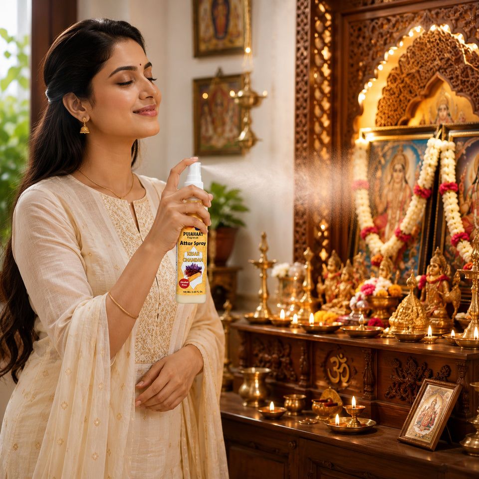 Kesar Chandan | Saffron Sandalwood Attar Spray by Pujahaat | 100 ml Non Alcoholic Spray | Religious Mist | Air Freshener, Room Mist, Fabric & Linen Spray | Perfect for Prayers Rooms, Living Room, sofas, curtains, car