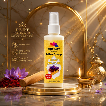 Kesar Chandan | Saffron Sandalwood Attar Spray by Pujahaat | 100 ml Non Alcoholic Spray | Religious Mist | Air Freshener, Room Mist, Fabric & Linen Spray | Perfect for Prayers Rooms, Living Room, sofas, curtains, car