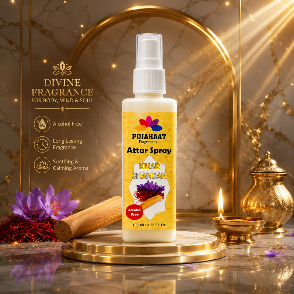 Kesar Chandan | Saffron Sandalwood Attar Spray by Pujahaat | 100 ml Non Alcoholic Spray | Religious Mist | Air Freshener, Room Mist, Fabric & Linen Spray | Perfect for Prayers Rooms, Living Room, sofas, curtains, car