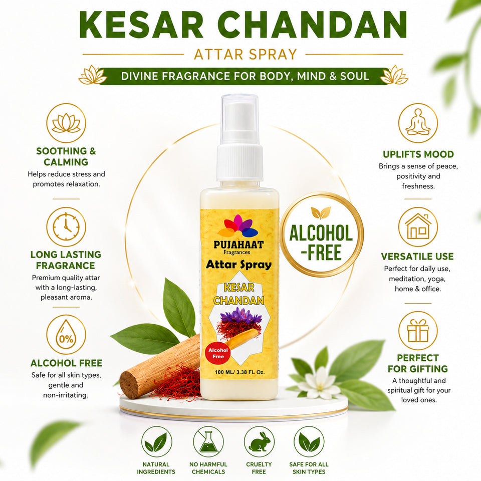 Kesar Chandan | Saffron Sandalwood Attar Spray by Pujahaat | 100 ml Non Alcoholic Spray | Religious Mist | Air Freshener, Room Mist, Fabric & Linen Spray | Perfect for Prayers Rooms, Living Room, sofas, curtains, car