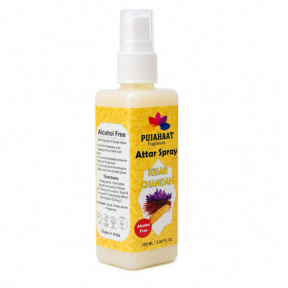 Kesar Chandan | Saffron Sandalwood Attar Spray by Pujahaat | 100 ml Non Alcoholic Spray | Religious Mist | Air Freshener, Room Mist, Fabric & Linen Spray | Perfect for Prayers Rooms, Living Room, sofas, curtains, car