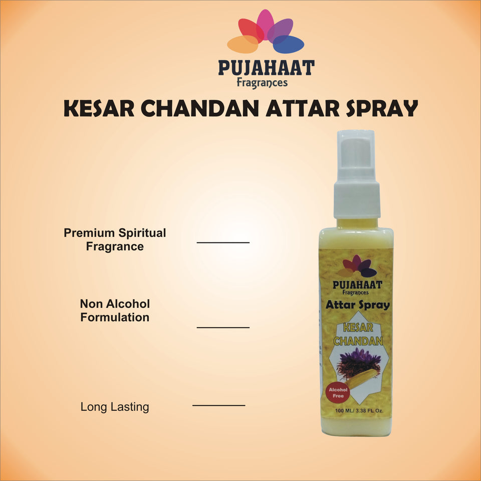 Kesar Chandan | Saffron Sandalwood Attar Spray by Pujahaat | 100ml Non Alcoholic Spray | Religious Mist | Air Freshener, Room Mist, Fabric & Linen Spray | Perfect for Prayers Rooms, Living Room, sofas, curtains, car