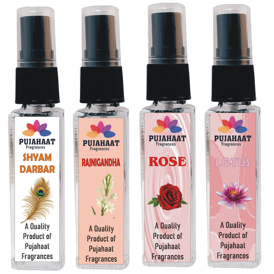 Pujahaat Shyam Darbar, Rose, Lotus, Rajnigandha Set of 4 Perfume Attar Spray 8ml | itra/ittar Perfume | For Pooja/Personal Use
