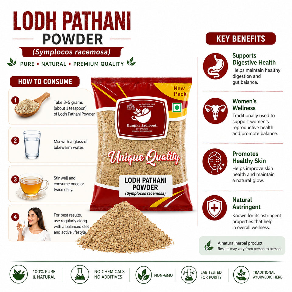 Kunjika Jadibooti Lodhra Bark Powder | Lodhra Chhal | Lodh Pathani | Symplocos Racemosa Bark | Pathani Lodh Powder - 100 gm