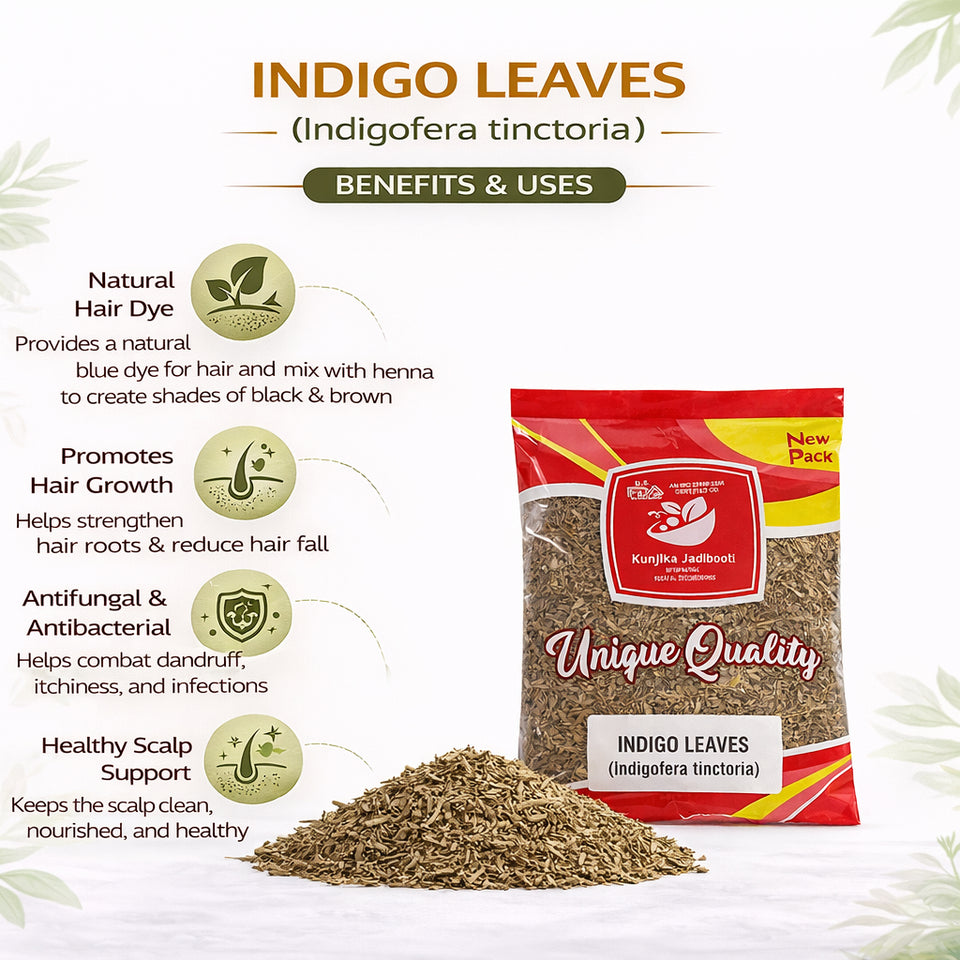Kunjika Jadibooti Indigo Leaves | For Natural Hair Colour, Smooth & Shiny Hair | Fresh Dry Raw Herbs, Ayurvedic Jadibooti - 100 gm