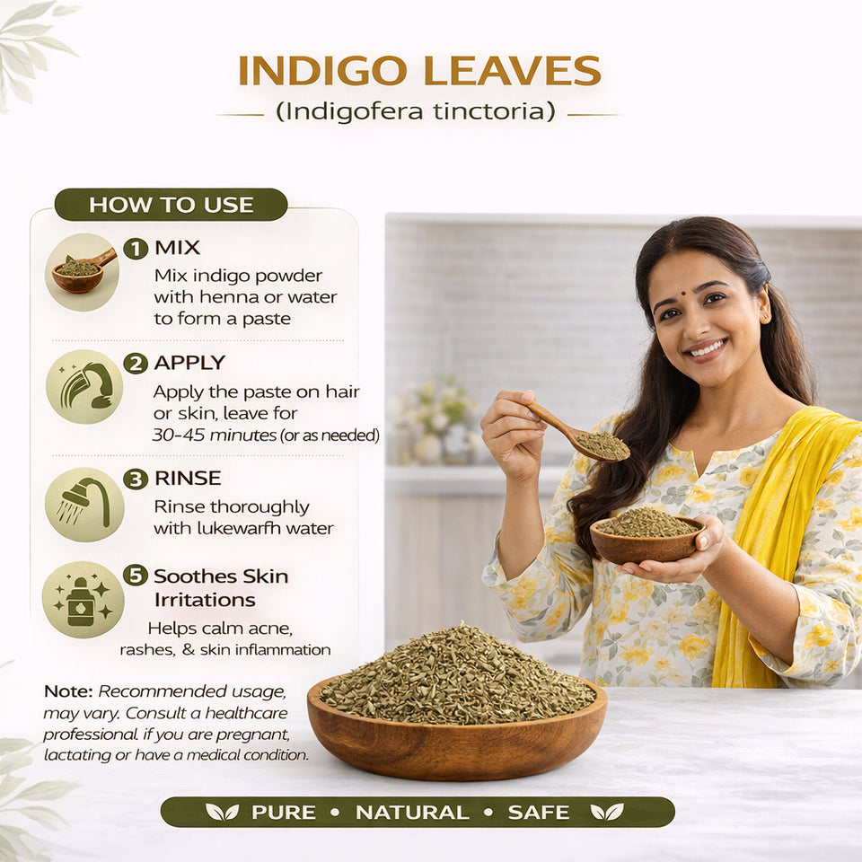 Kunjika Jadibooti Indigo Leaves | For Natural Hair Colour, Smooth & Shiny Hair | Fresh Dry Raw Herbs, Ayurvedic Jadibooti - 100 gm