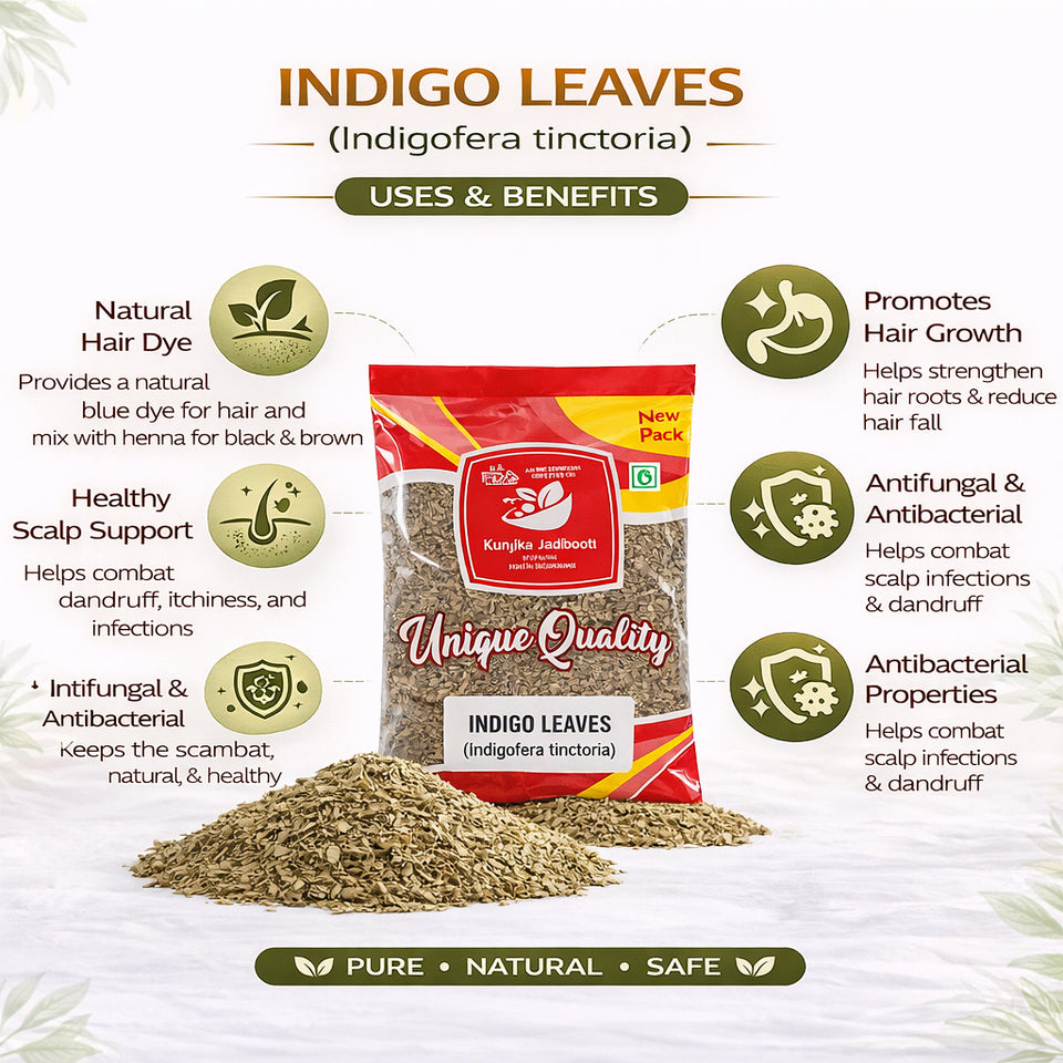 Kunjika Jadibooti Indigo Leaves | For Natural Hair Colour, Smooth & Shiny Hair | Fresh Dry Raw Herbs, Ayurvedic Jadibooti - 100 gm