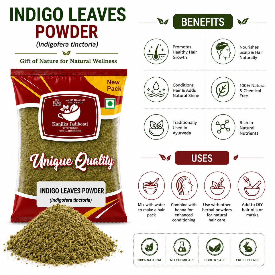Kunjika Jadibooti Indigo Leaves Powder | For Natural Hair Colour, Smooth & Shiny Hair | Fresh Dry Raw Herbs, Ayurvedic Jadibooti Powder - 100 gm